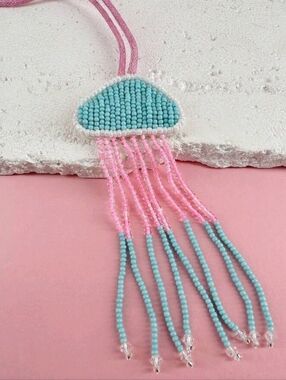 Beaded Jellyfish Bag Charm Turquoise and Pink